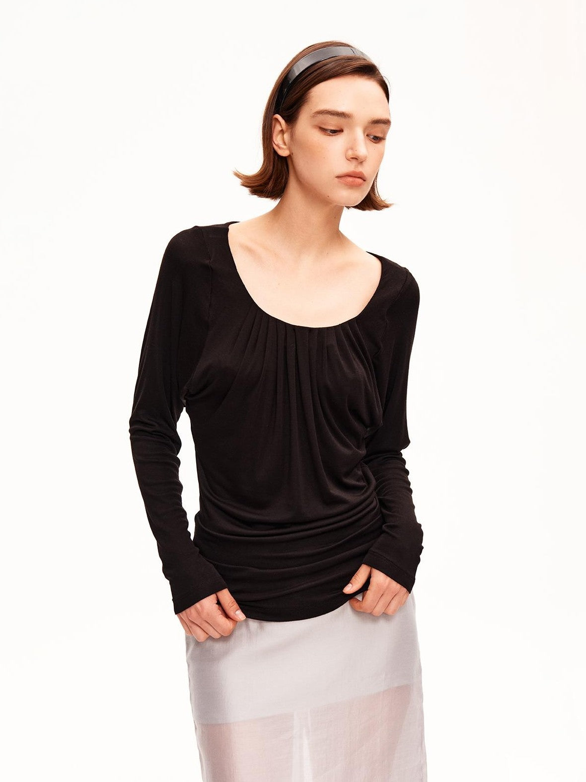 STRIKE A POSE Drapey Ruched Slim Fit U Neck Knit Women&