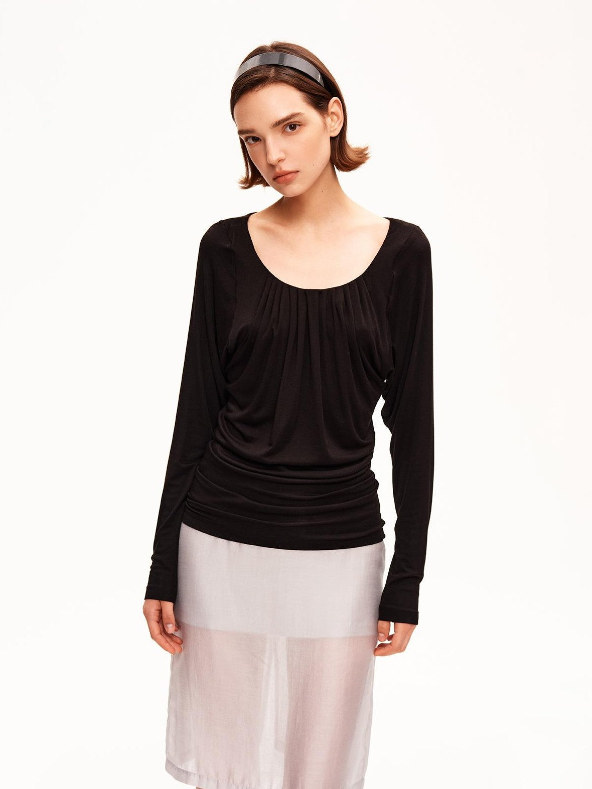 STRIKE A POSE Drapey Ruched Slim Fit U Neck Knit Women&