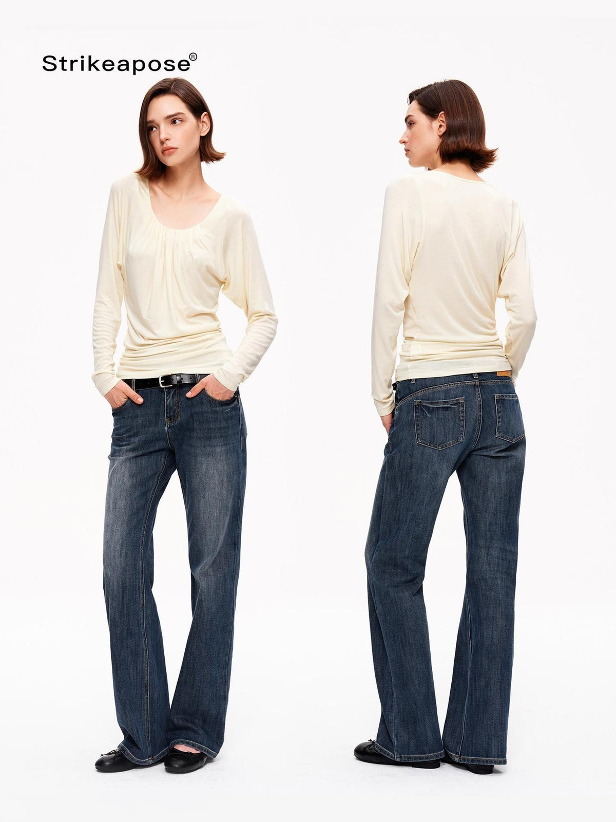 STRIKE A POSE Drapey Ruched Slim Fit U Neck Knit Women&