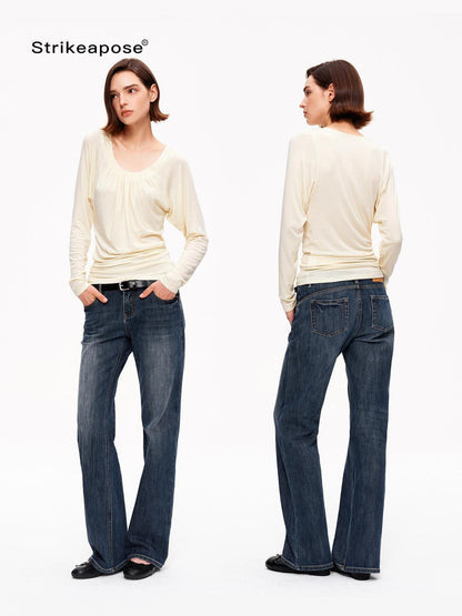 STRIKE A POSE Drapey Ruched Slim Fit U Neck Knit Women&