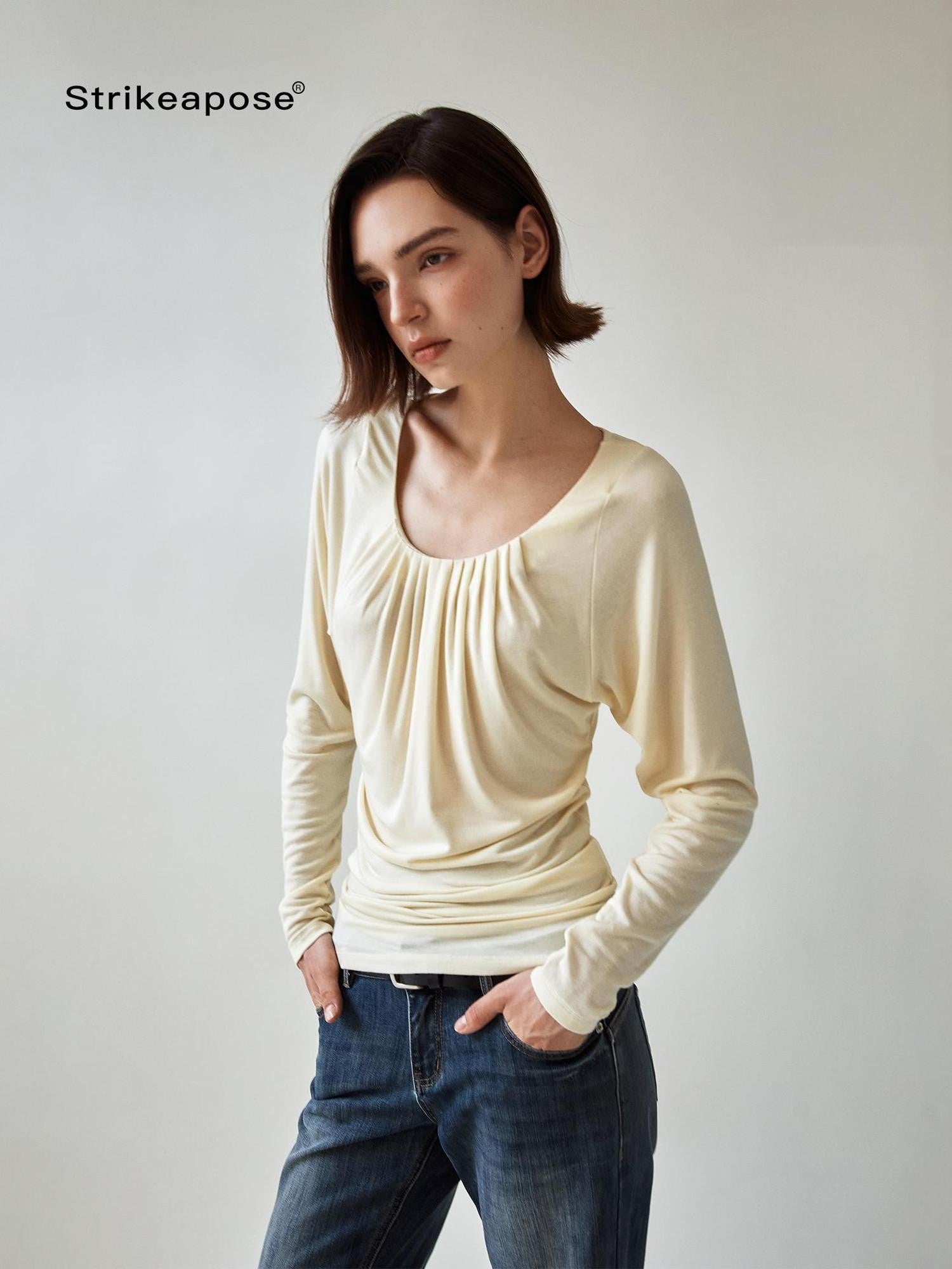 STRIKE A POSE Drapey Ruched Slim Fit U Neck Knit Women&