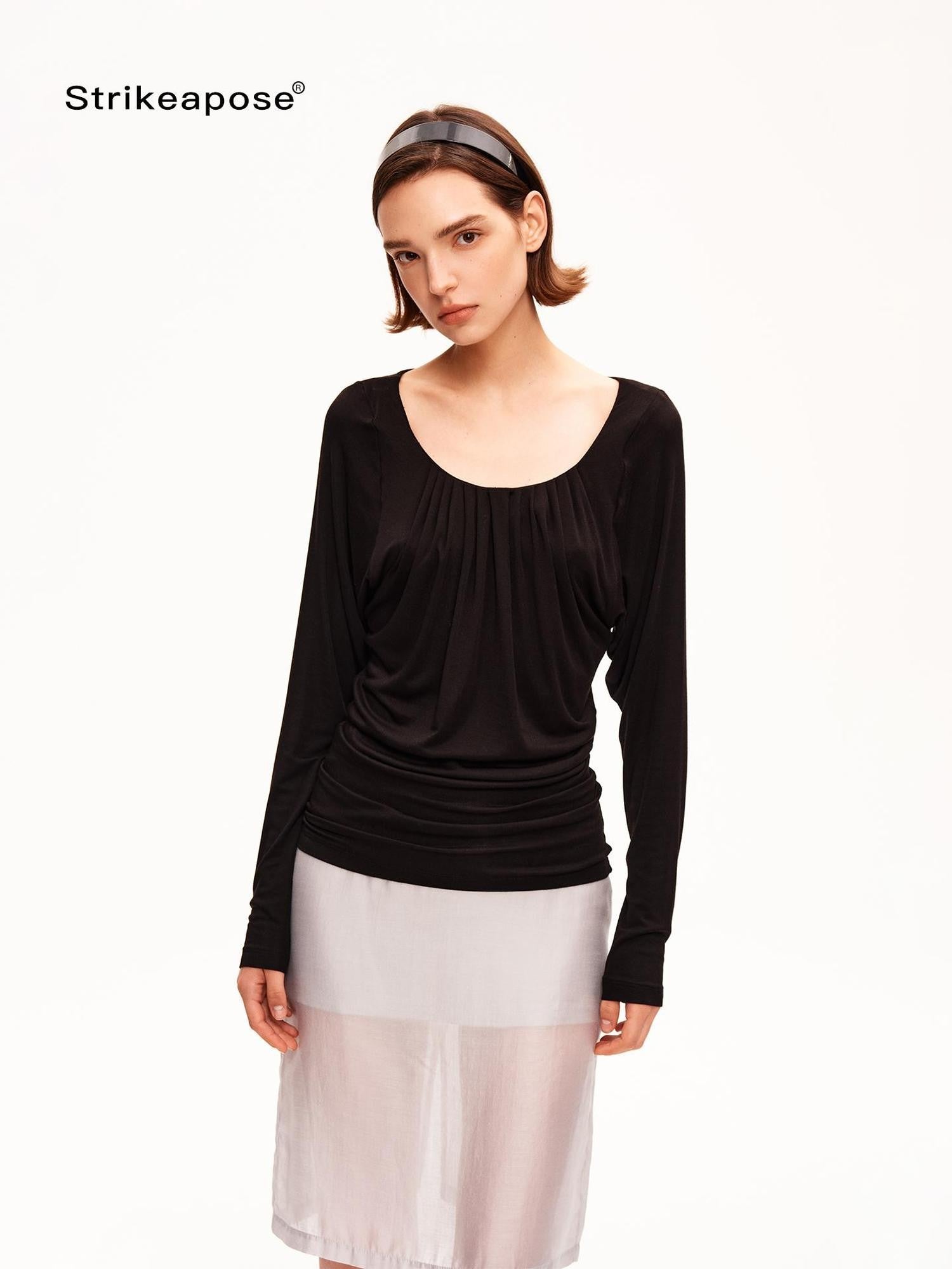 STRIKE A POSE Drapey Ruched Slim Fit U Neck Knit Women&