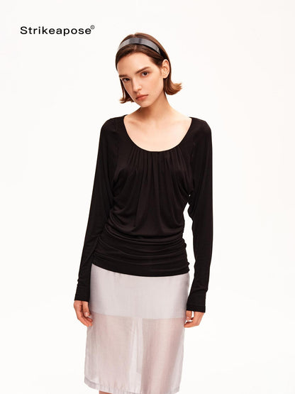 STRIKE A POSE Drapey Ruched Slim Fit U Neck Knit Women&