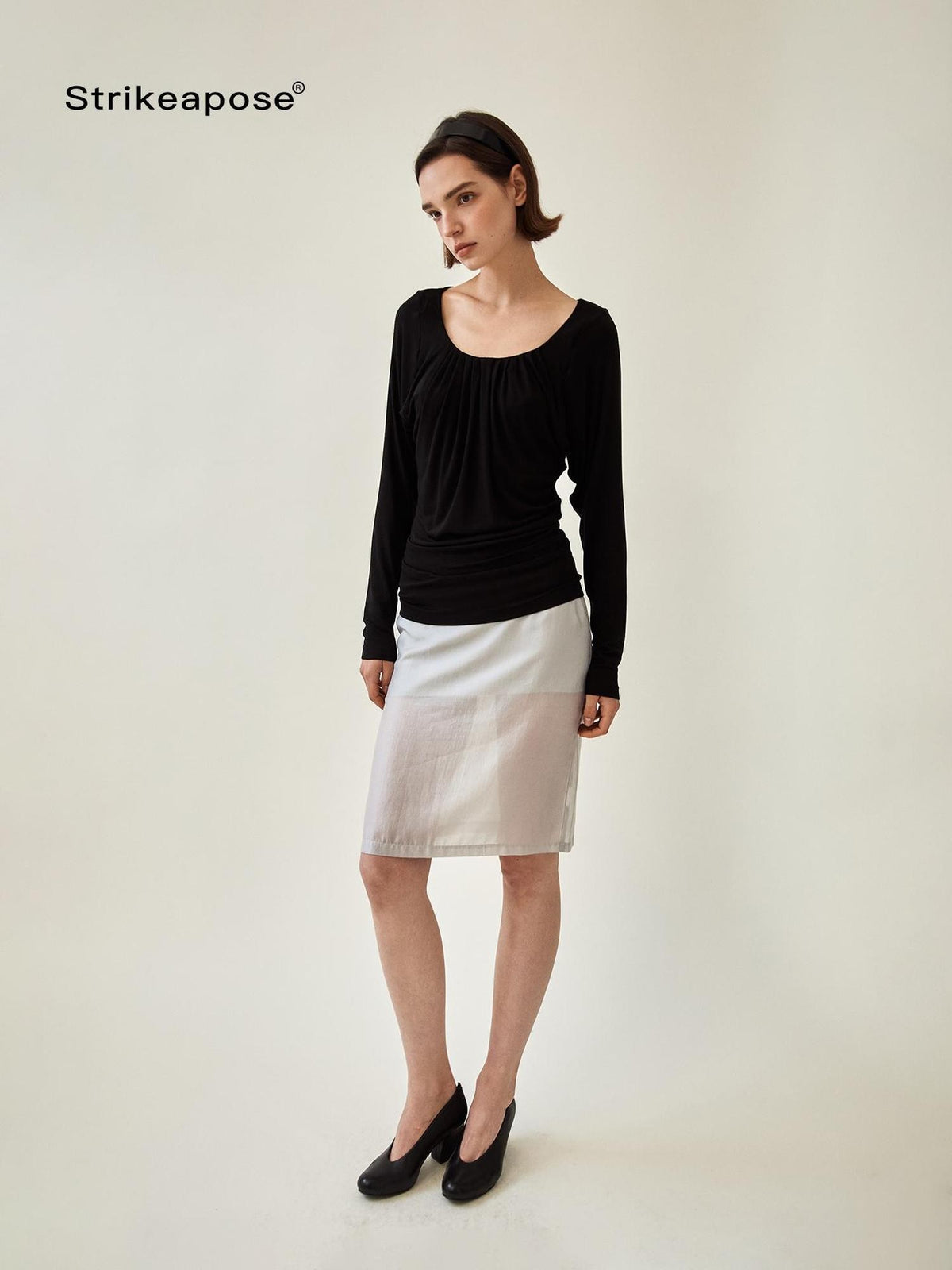 STRIKE A POSE Drapey Ruched Slim Fit U Neck Knit Women&