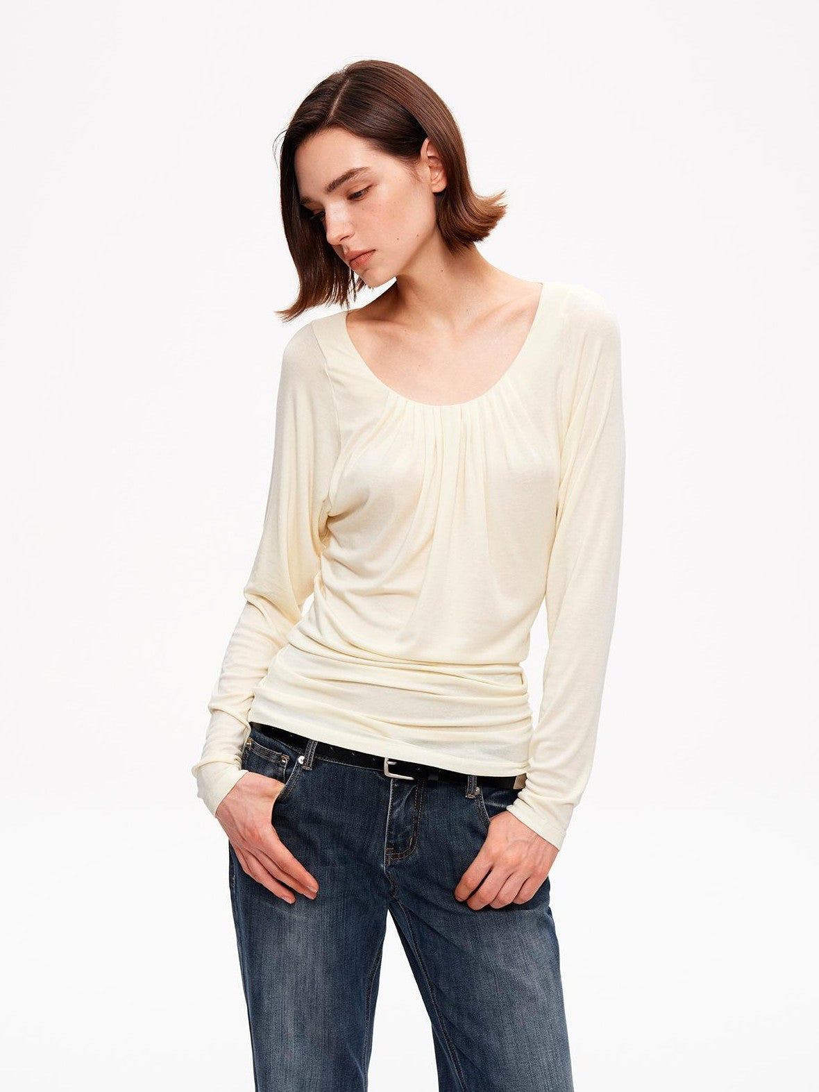 STRIKE A POSE Drapey Ruched Slim Fit U Neck Knit Women&