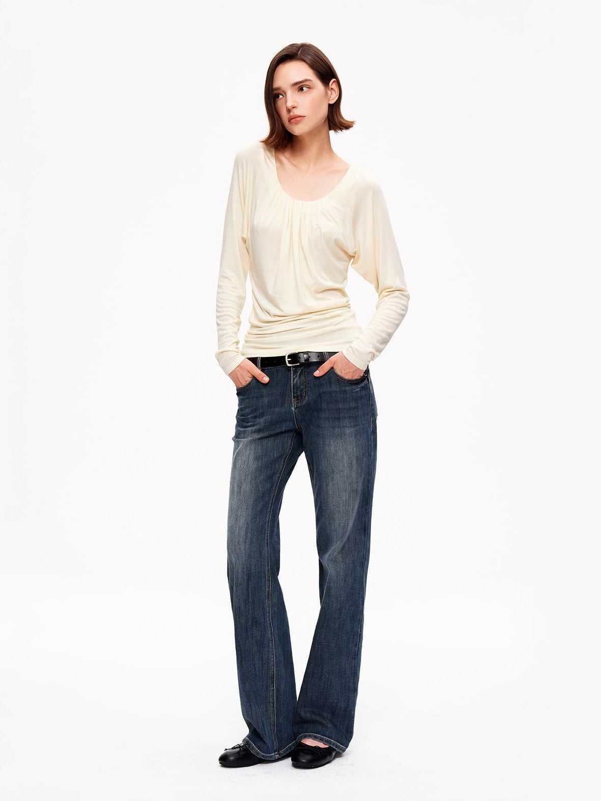 STRIKE A POSE Drapey Ruched Slim Fit U Neck Knit Women&
