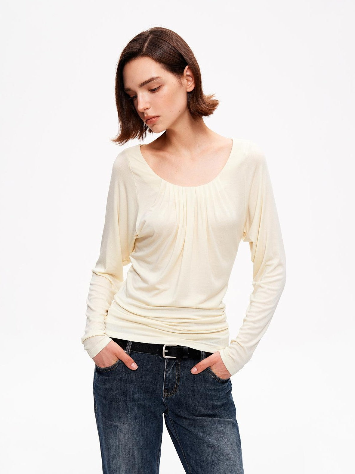 STRIKE A POSE Drapey Ruched Slim Fit U Neck Knit Women&