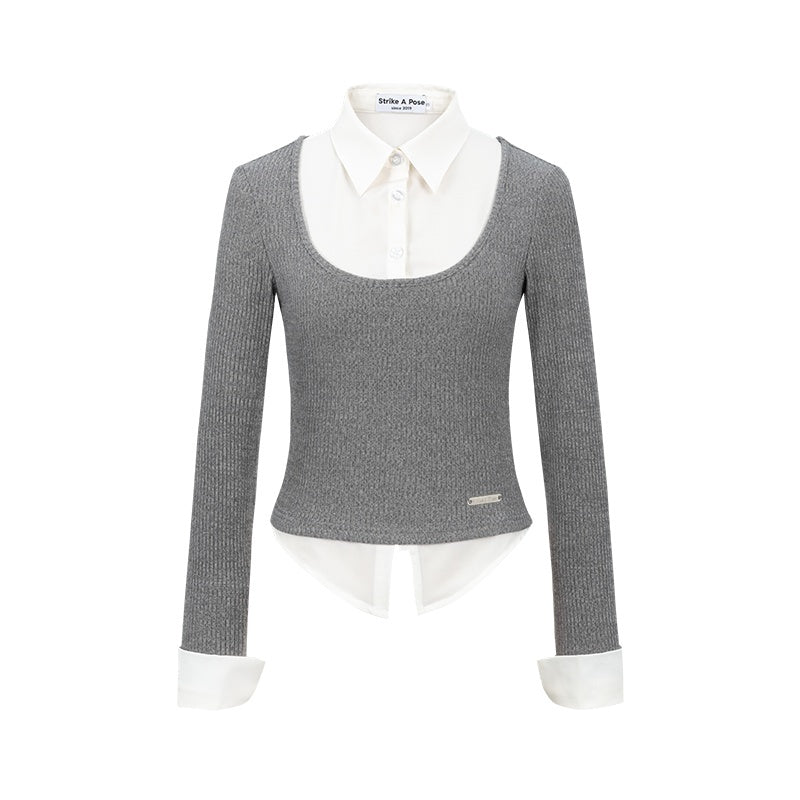 STRIKE_A_POSE_Faux_Layered_U_Neck_Contrast_Shirt_Collar_Women&