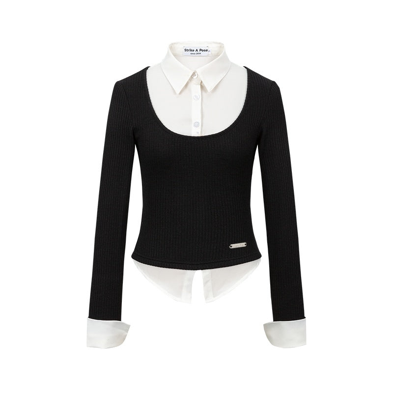 STRIKE_A_POSE_Faux_Layered_U_Neck_Contrast_Shirt_Collar_Women&