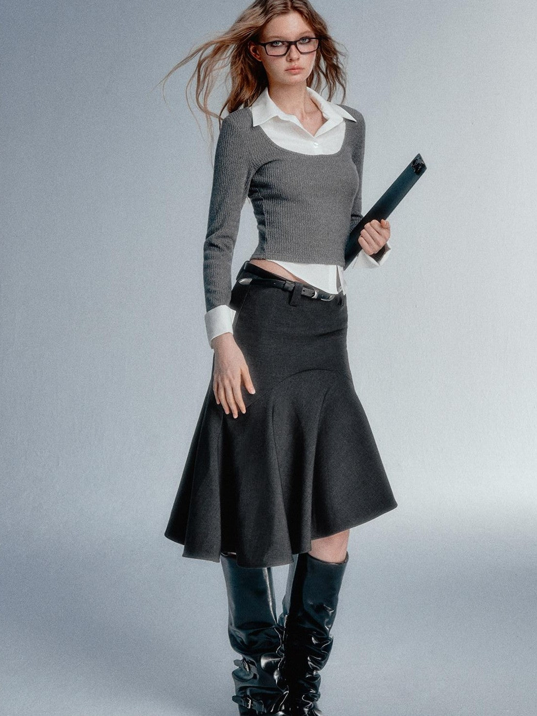 STRIKE A POSE Faux Layered U Neck Contrast Shirt Collar Women&