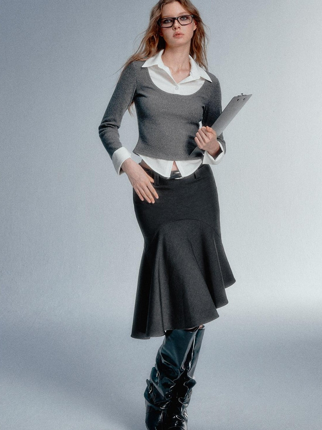 STRIKE A POSE Faux Layered U Neck Contrast Shirt Collar Women&