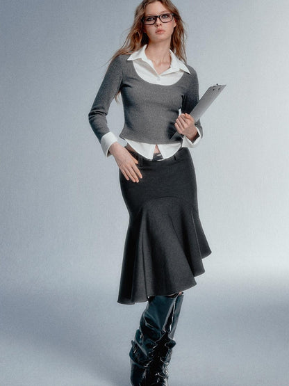 STRIKE A POSE Faux Layered U Neck Contrast Shirt Collar Women&