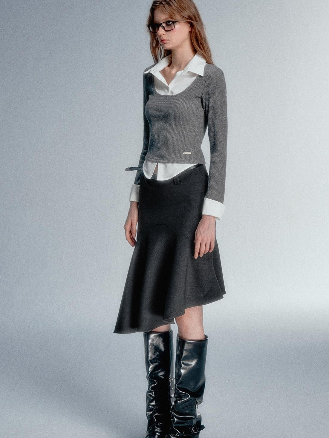 STRIKE A POSE Faux Layered U Neck Contrast Shirt Collar Women&