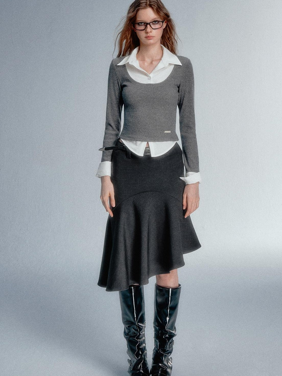 STRIKE A POSE Faux Layered U Neck Contrast Shirt Collar Women&