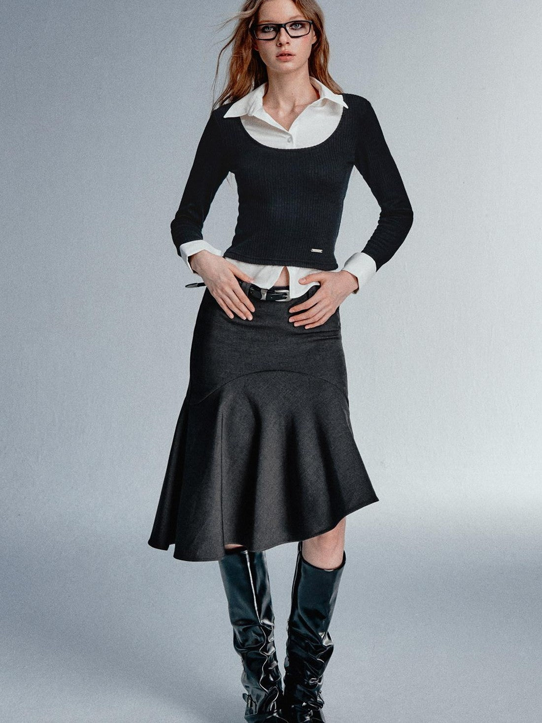 STRIKE A POSE Faux Layered U Neck Contrast Shirt Collar Women&