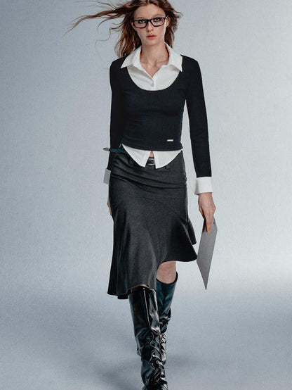 STRIKE A POSE Faux Layered U Neck Contrast Shirt Collar Women&