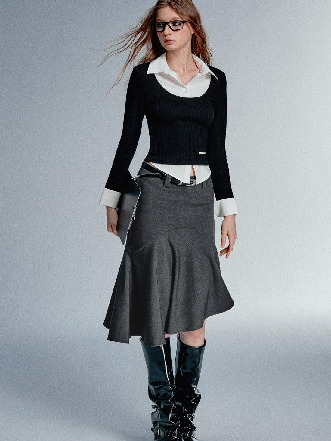 STRIKE A POSE Faux Layered U Neck Contrast Shirt Collar Women&