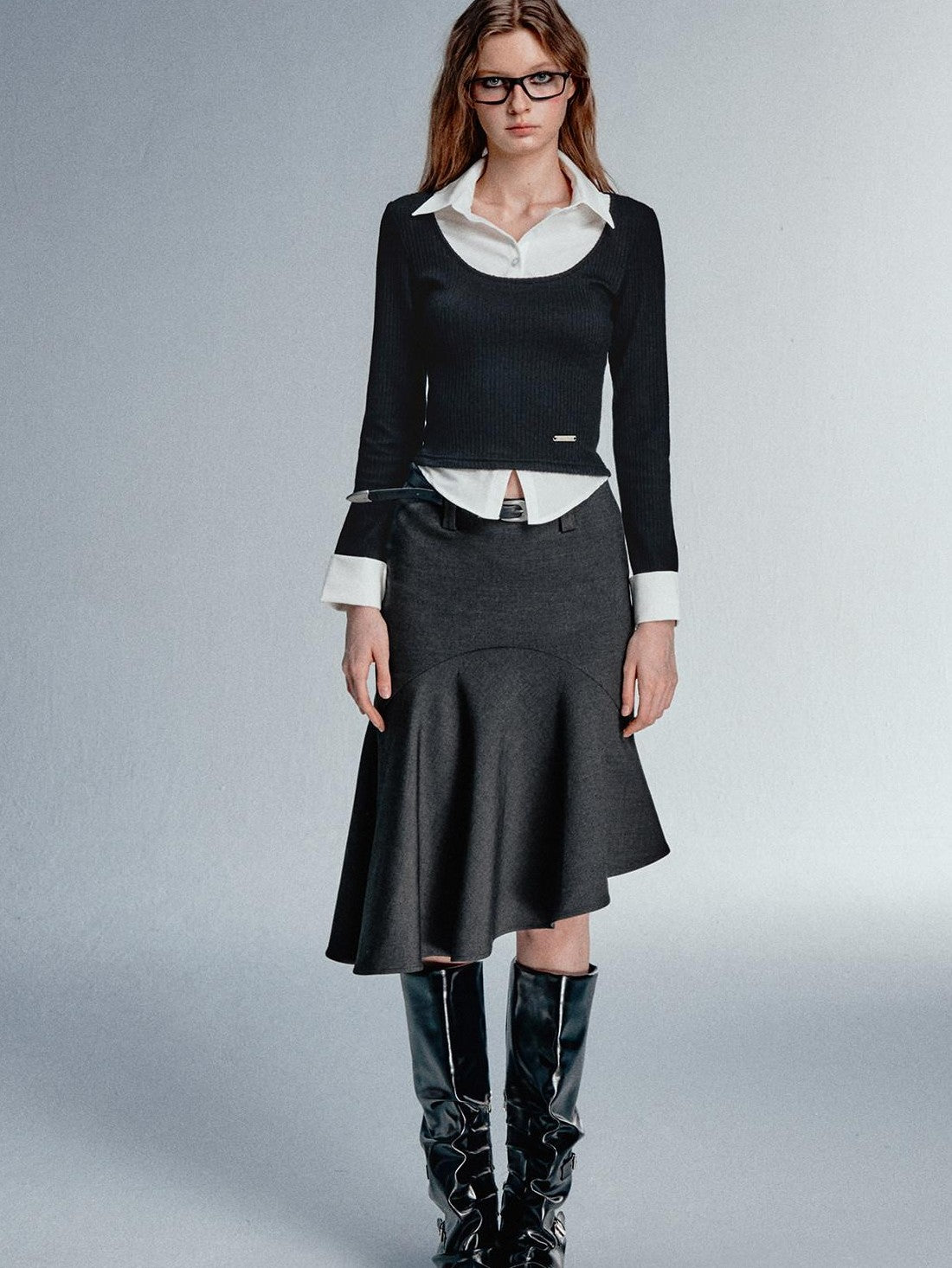STRIKE A POSE Faux Layered U Neck Contrast Shirt Collar Women&
