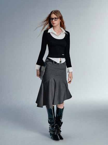 STRIKE A POSE Faux Layered U Neck Contrast Shirt Collar Women&