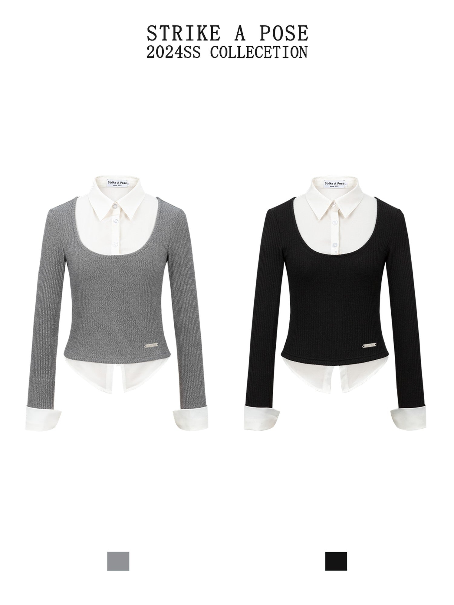 STRIKE A POSE Faux Layered U Neck Contrast Shirt Collar Women&