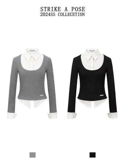STRIKE A POSE Faux Layered U Neck Contrast Shirt Collar Women&