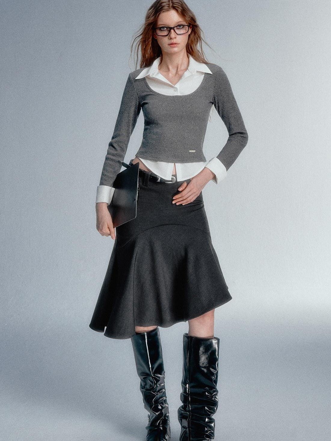 STRIKE A POSE Faux Layered U Neck Contrast Shirt Collar Women&