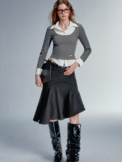 STRIKE A POSE Faux Layered U Neck Contrast Shirt Collar Women&
