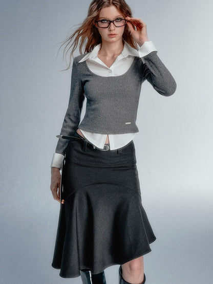 STRIKE A POSE Faux Layered U Neck Contrast Shirt Collar Women&