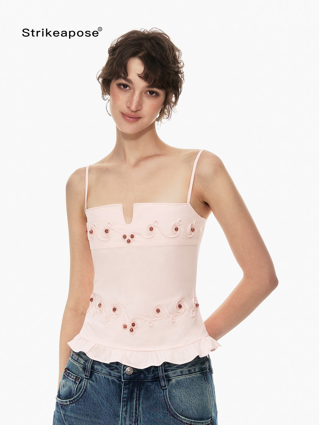 STRIKE A POSE Floral V-neck Rope Embroidery Ruffle Slim Fit Women&