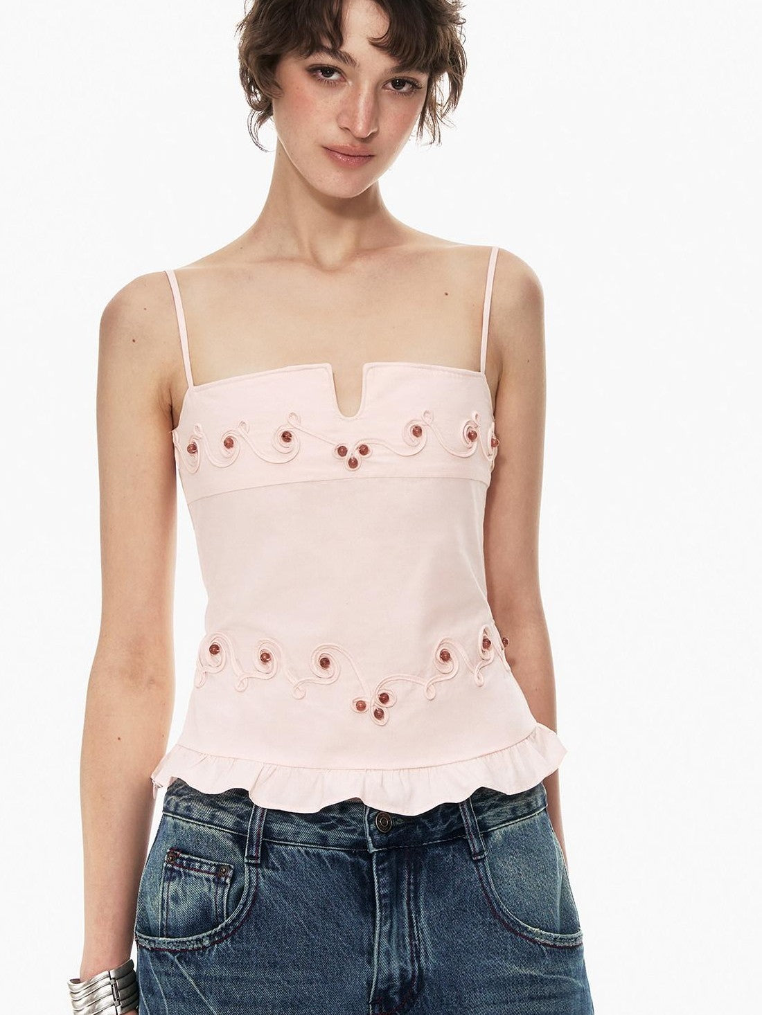 STRIKE A POSE Floral V-neck Rope Embroidery Ruffle Slim Fit Women&
