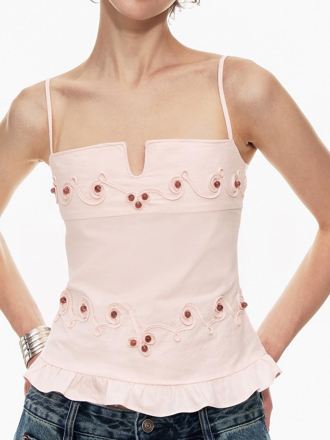 STRIKE A POSE Floral V-neck Rope Embroidery Ruffle Slim Fit Women&