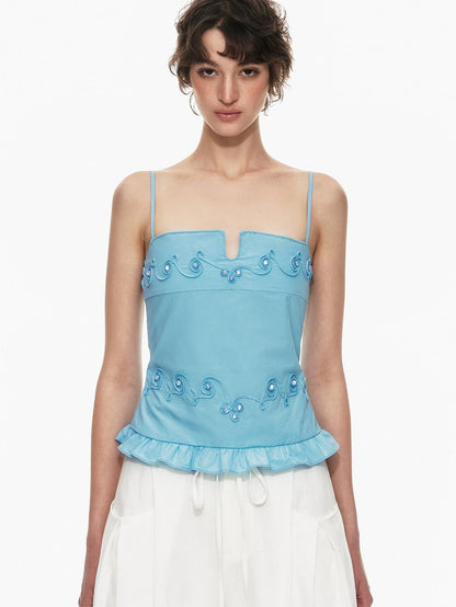 STRIKE A POSE Floral V-neck Rope Embroidery Ruffle Slim Fit Women&