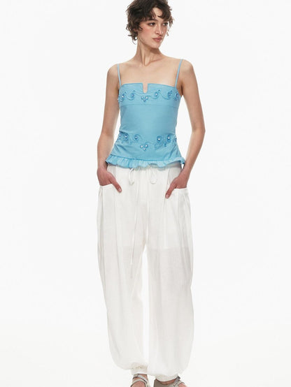STRIKE A POSE Floral V-neck Rope Embroidery Ruffle Slim Fit Women&