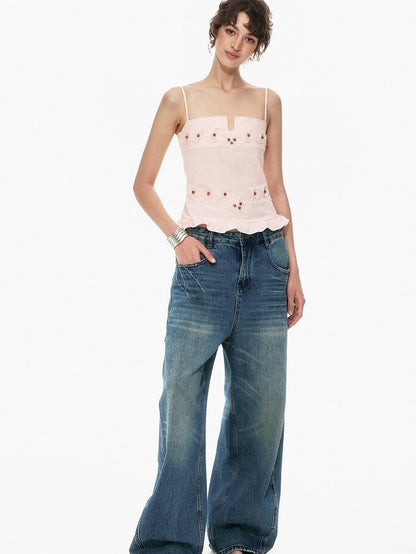 STRIKE A POSE Floral V-neck Rope Embroidery Ruffle Slim Fit Women&