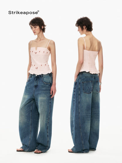 STRIKE A POSE Floral V-neck Rope Embroidery Ruffle Slim Fit Women&
