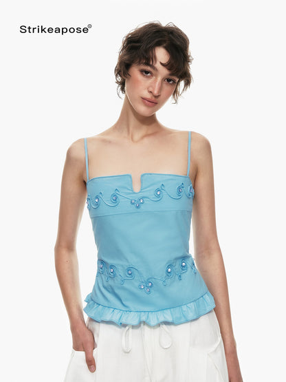 STRIKE A POSE Floral V-neck Rope Embroidery Ruffle Slim Fit Women&