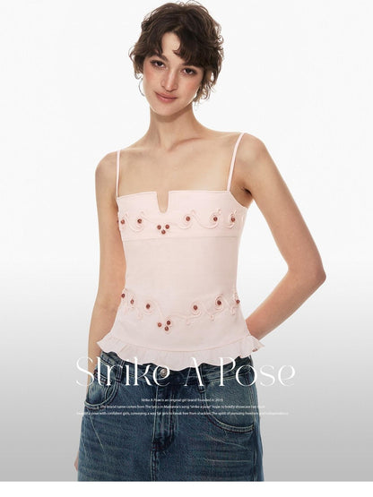 STRIKE A POSE Floral V-neck Rope Embroidery Ruffle Slim Fit Women&