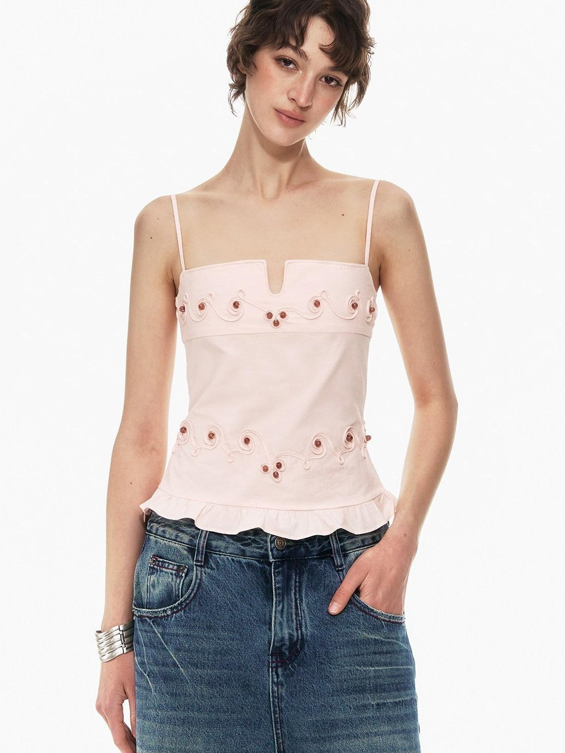 STRIKE A POSE Floral V-neck Rope Embroidery Ruffle Slim Fit Women&