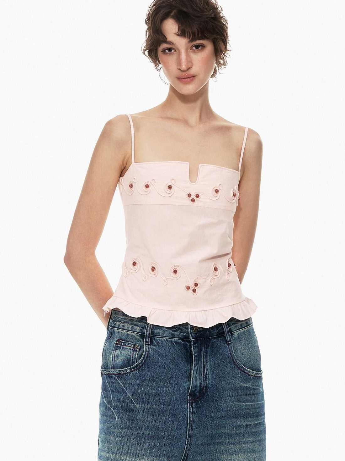 STRIKE A POSE Floral V-neck Rope Embroidery Ruffle Slim Fit Women&
