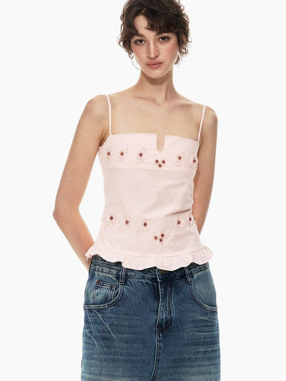 STRIKE A POSE Floral V-neck Rope Embroidery Ruffle Slim Fit Women&