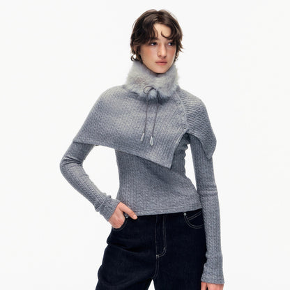 STRIKE_A_POSE_Gray_Cable_Knit_Fur_Collar_Cape_Two_Piece_Women&