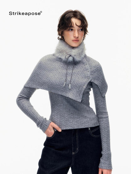 STRIKE A POSE Gray Cable Knit Fur Collar Cape Two Piece Women&