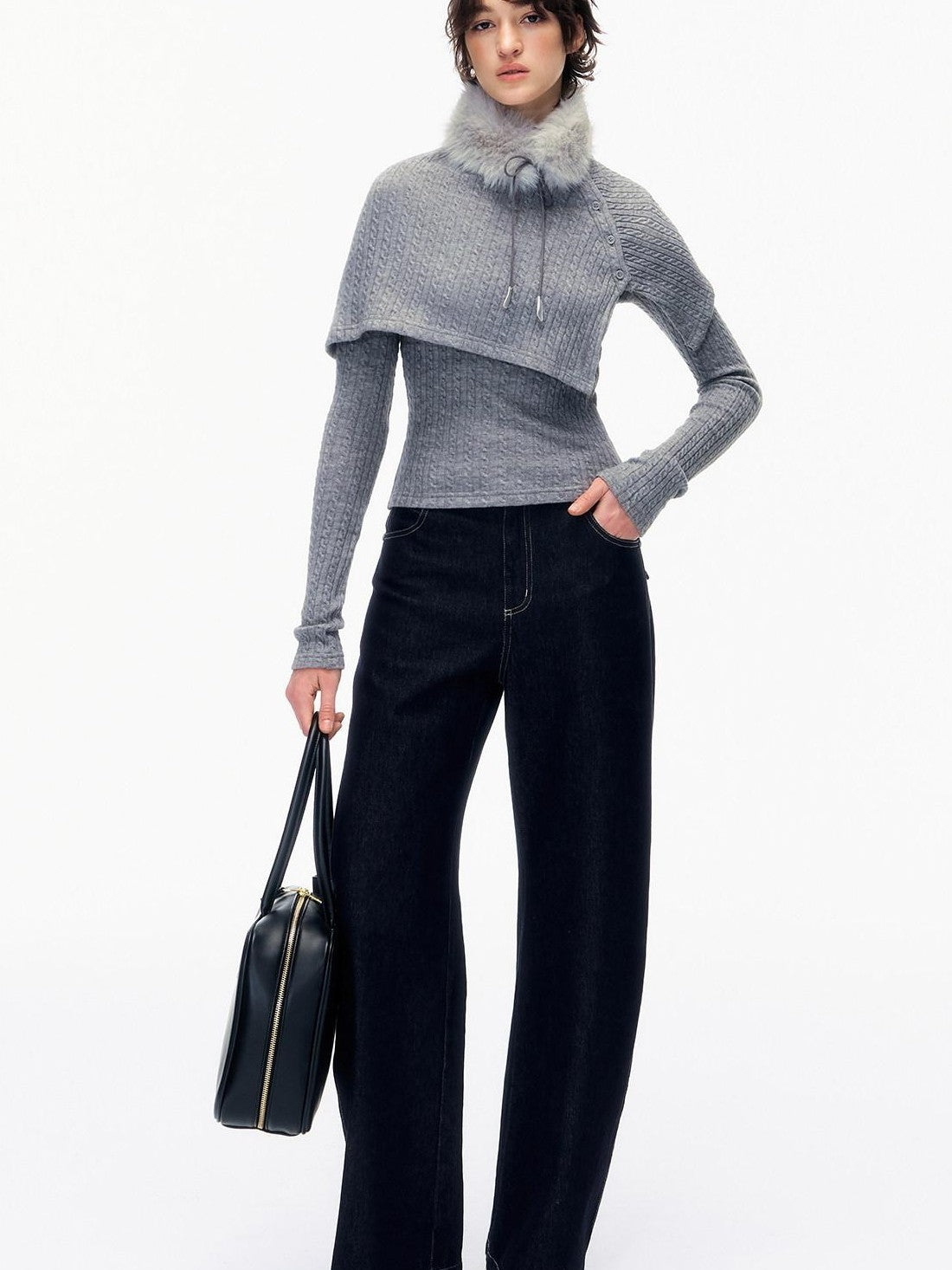 STRIKE A POSE Gray Cable Knit Fur Collar Cape Two Piece Women&