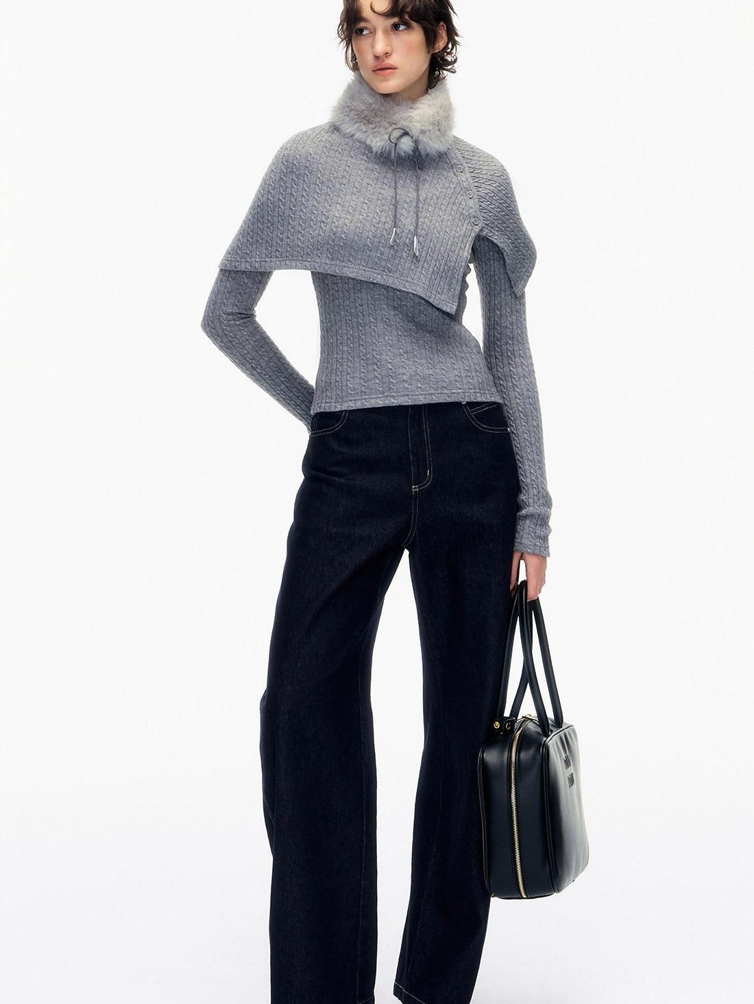 STRIKE A POSE Gray Cable Knit Fur Collar Cape Two Piece Women&