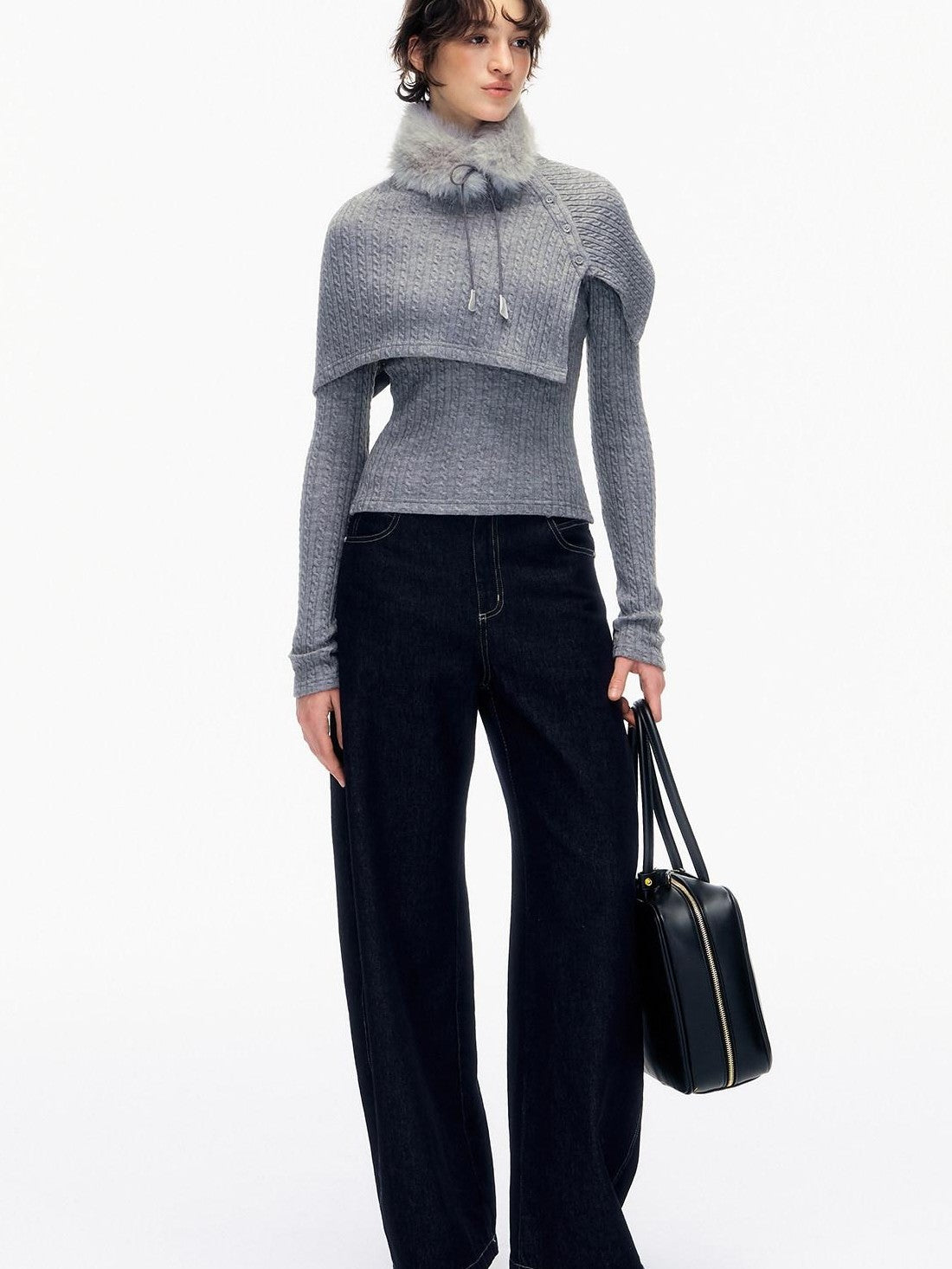 STRIKE A POSE Gray Cable Knit Fur Collar Cape Two Piece Women&
