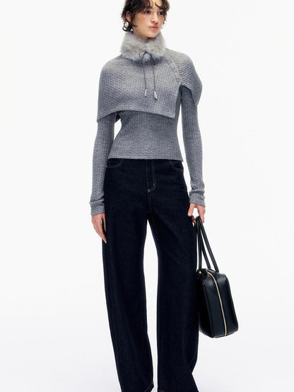 STRIKE A POSE Gray Cable Knit Fur Collar Cape Two Piece Women&