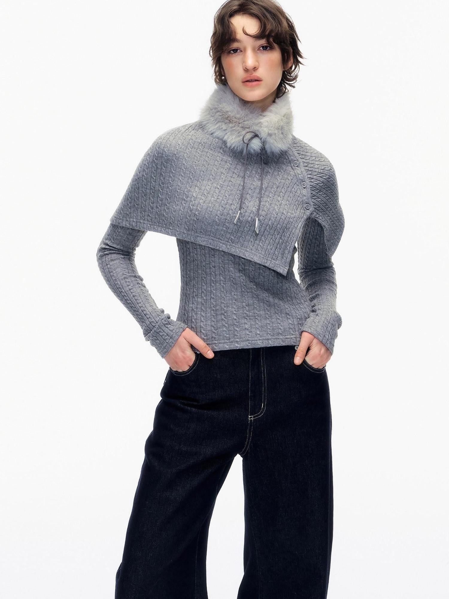 STRIKE A POSE Gray Cable Knit Fur Collar Cape Two Piece Women&