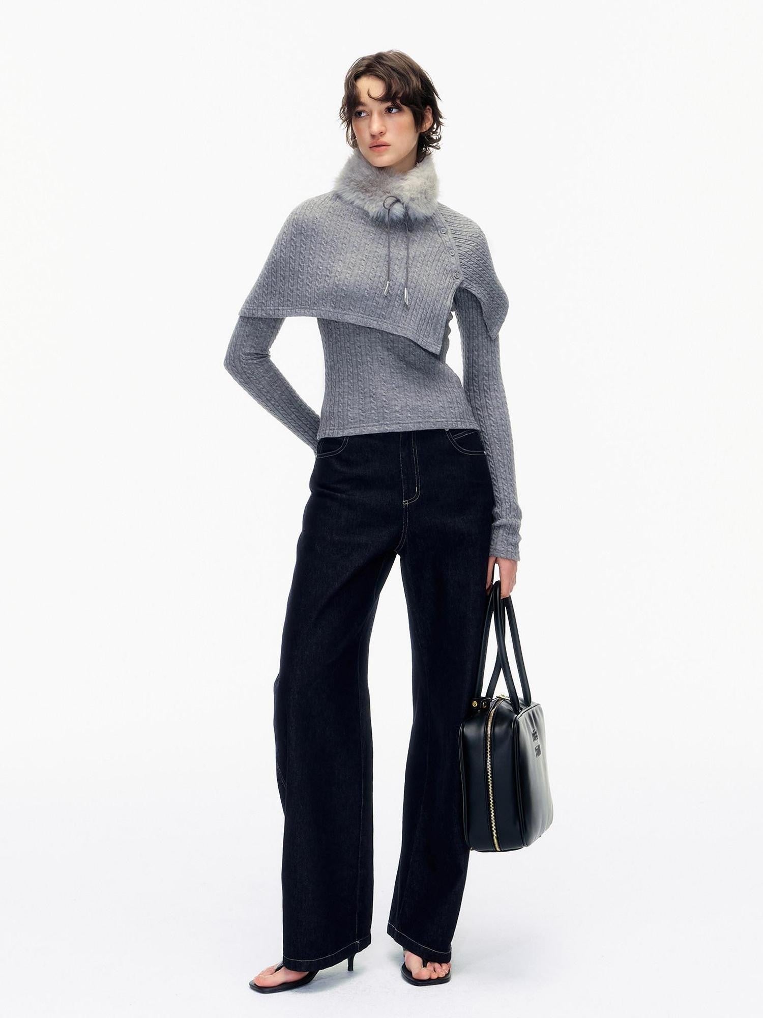 STRIKE A POSE Gray Cable Knit Fur Collar Cape Two Piece Women&