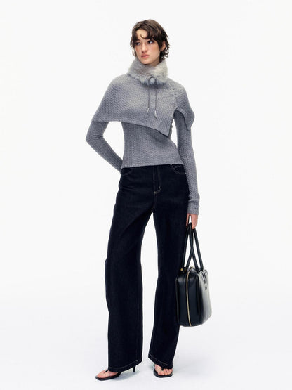STRIKE A POSE Gray Cable Knit Fur Collar Cape Two Piece Women&