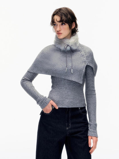 STRIKE A POSE Gray Cable Knit Fur Collar Cape Two Piece Women&